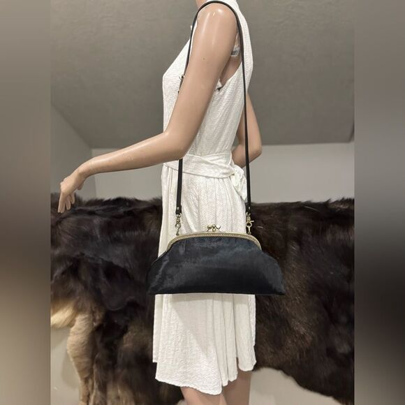 Black Real Hair-on-horsehide Handsewn Double Kiss-lock Clutch Bag/Crossbody
